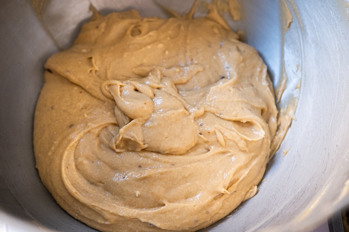 Batter mixed in a mixing bowl. 