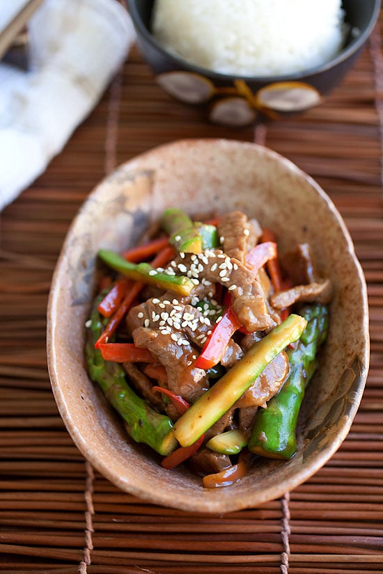 Easy and quick Chinese asparagus beef in brown sauce in a bowl.