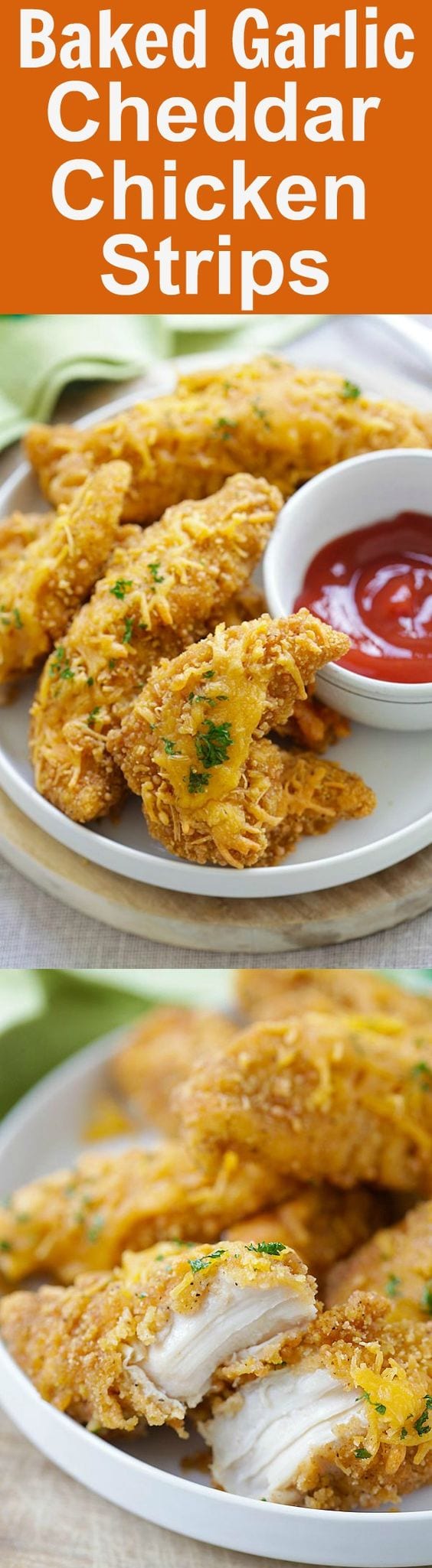 Baked Garlic Cheddar Chicken Strips – the easiest and quickest baked chicken tenders ever with cheddar cheese and garlic, so good | rasamalaysia.com