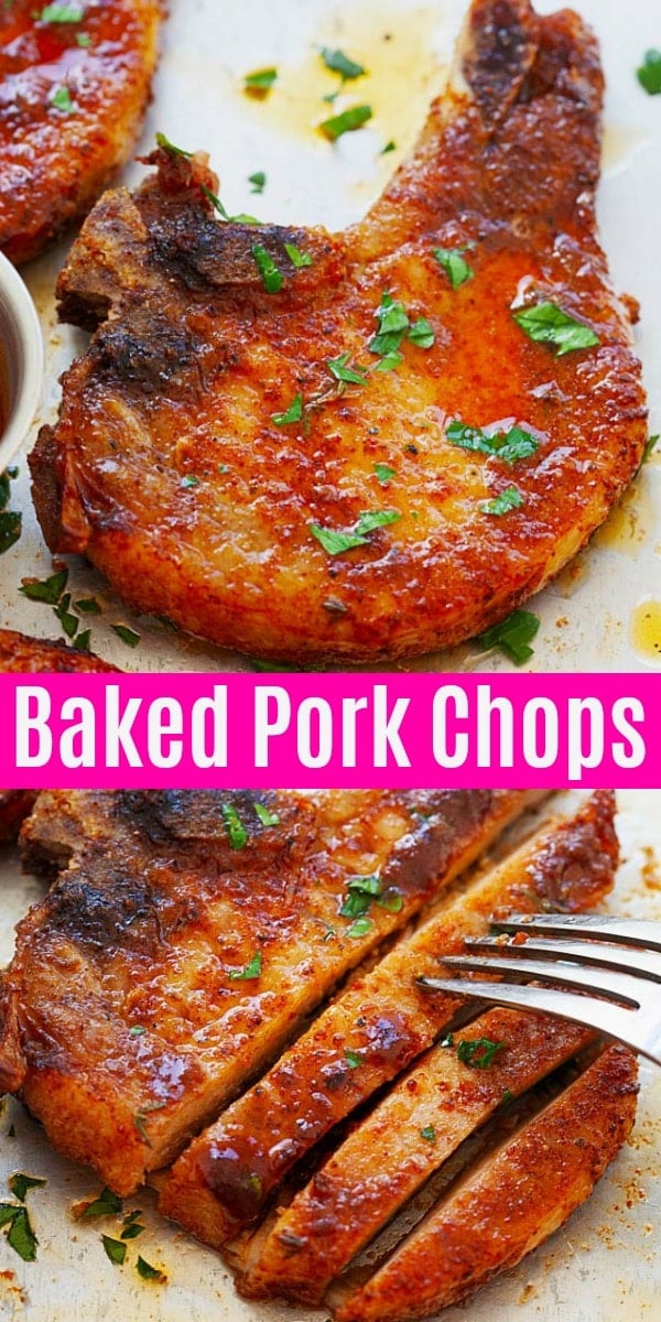 Baked pork chops with four ingredients: bone-in chops, dry rub, butter and thyme. This is the best tender pork chops you'll ever make. So easy | rasamalaysia.com