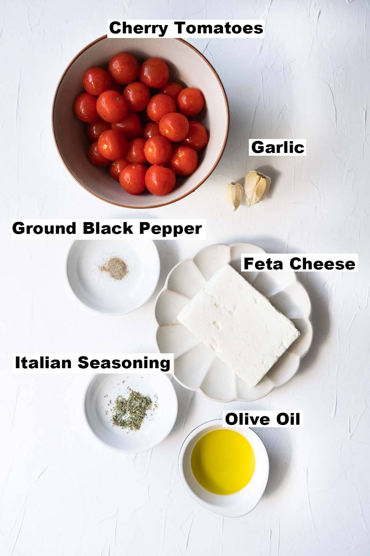 Ingredients for baked tomato and feta recipe. 