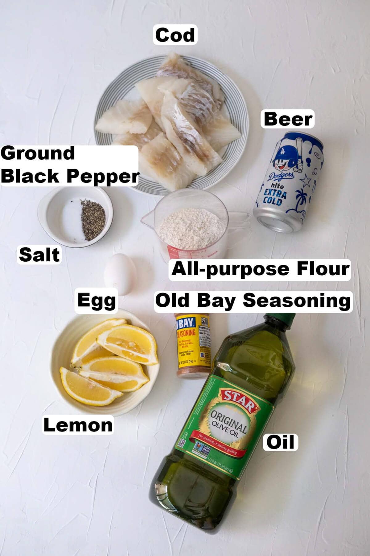 Ingredients for beer-battered fish recipe.