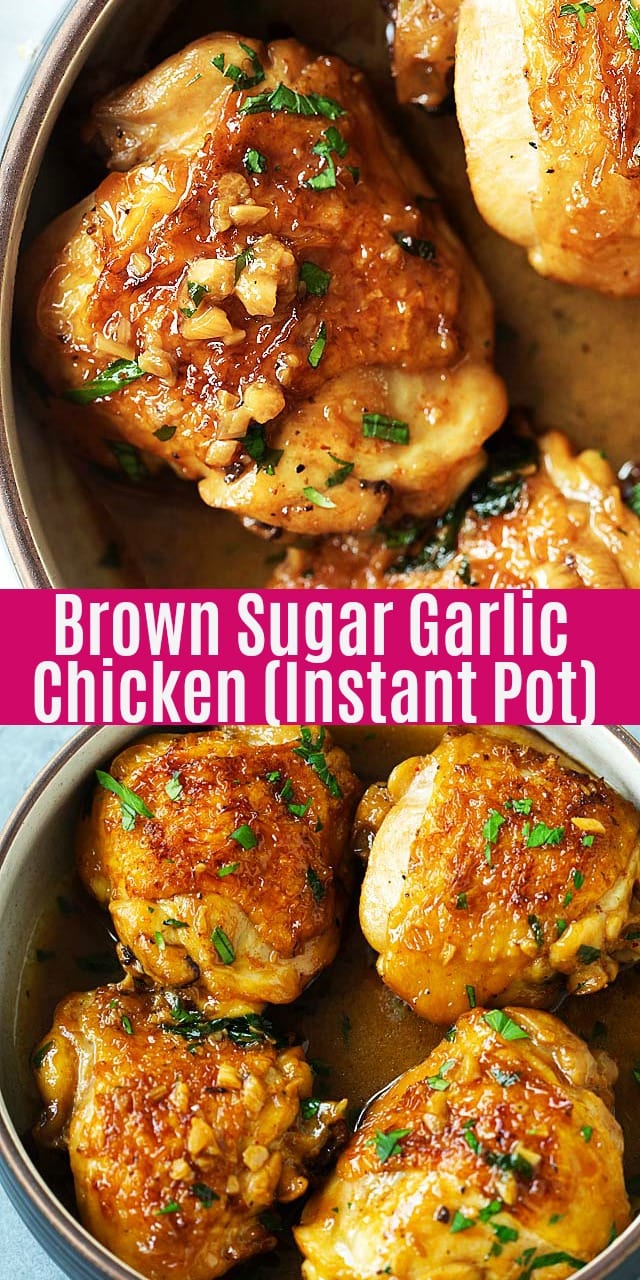Juicy and fall-off-the-bone chicken thighs with brown sugar garlic sauce, pressure cooked in an Instant Pot for 8 mins. Instant Pot chicken dinner is so easy!
