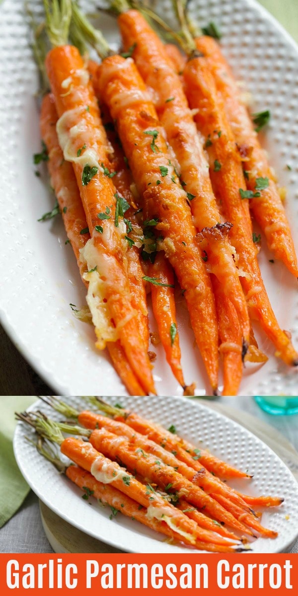 One of the best carrot recipes is oven roasted carrots with garlic butter and Parmesan cheese.  This savory roasted carrots recipe is easy, healthy and great for kids!