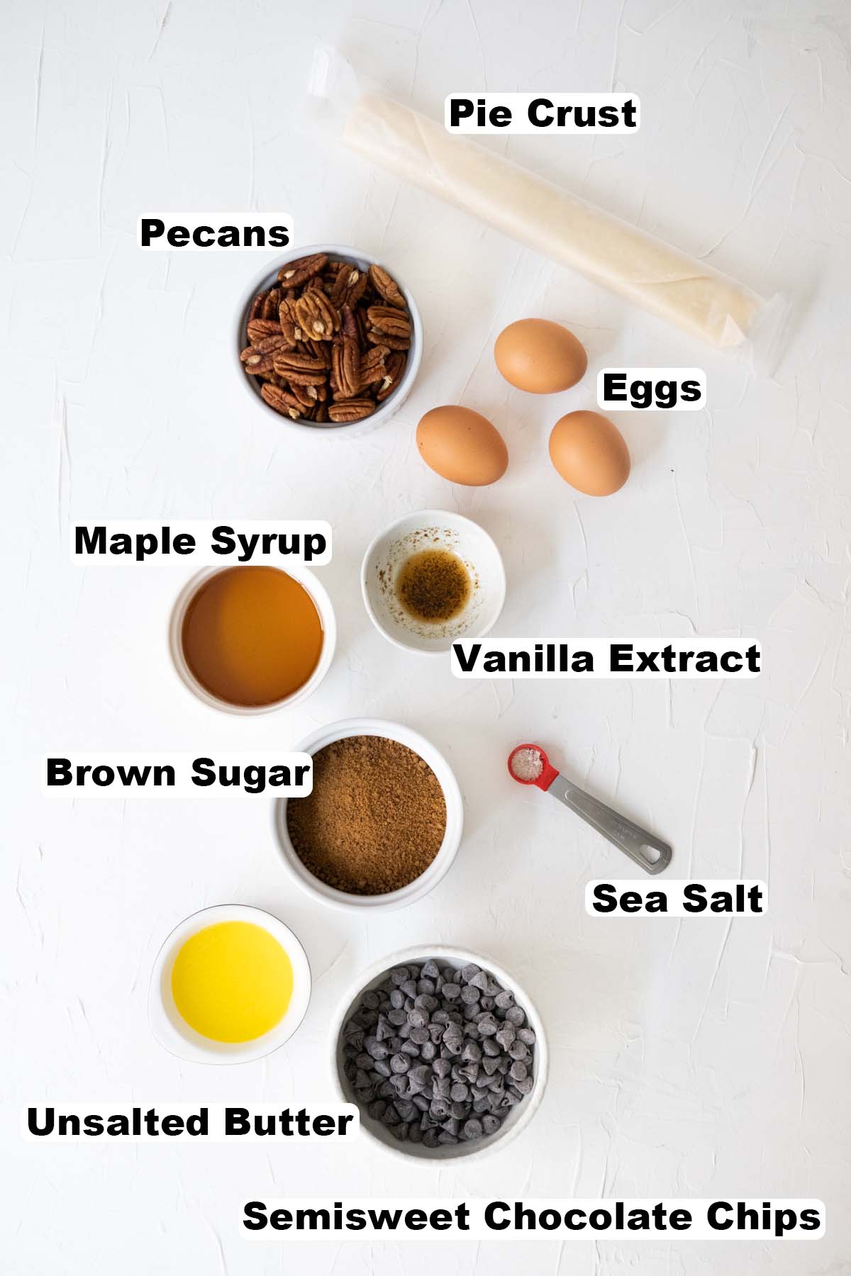 Ingredients for chocolate pecan pie recipe.