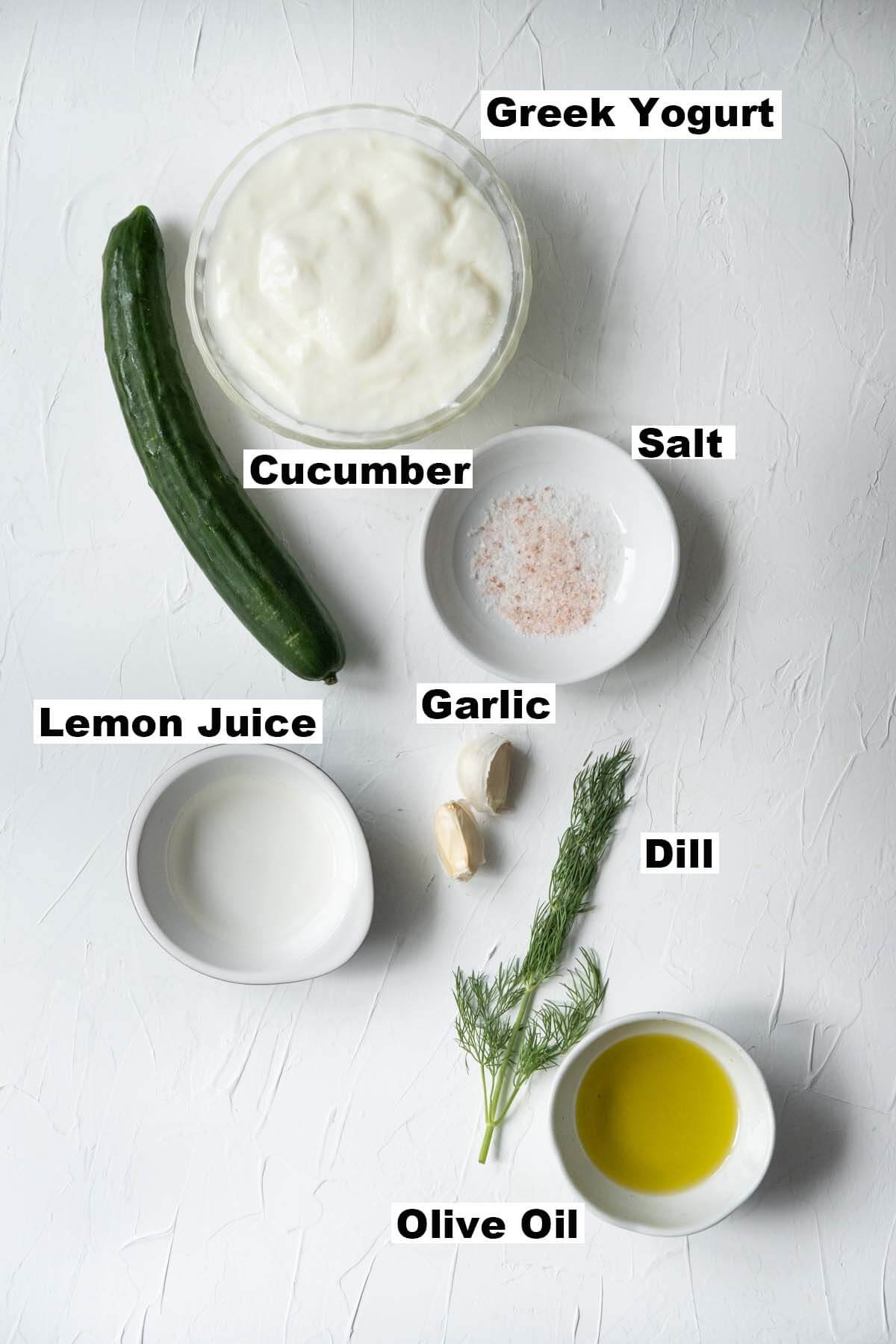 Ingredients for classic Tzatziki sauce recipe. 
