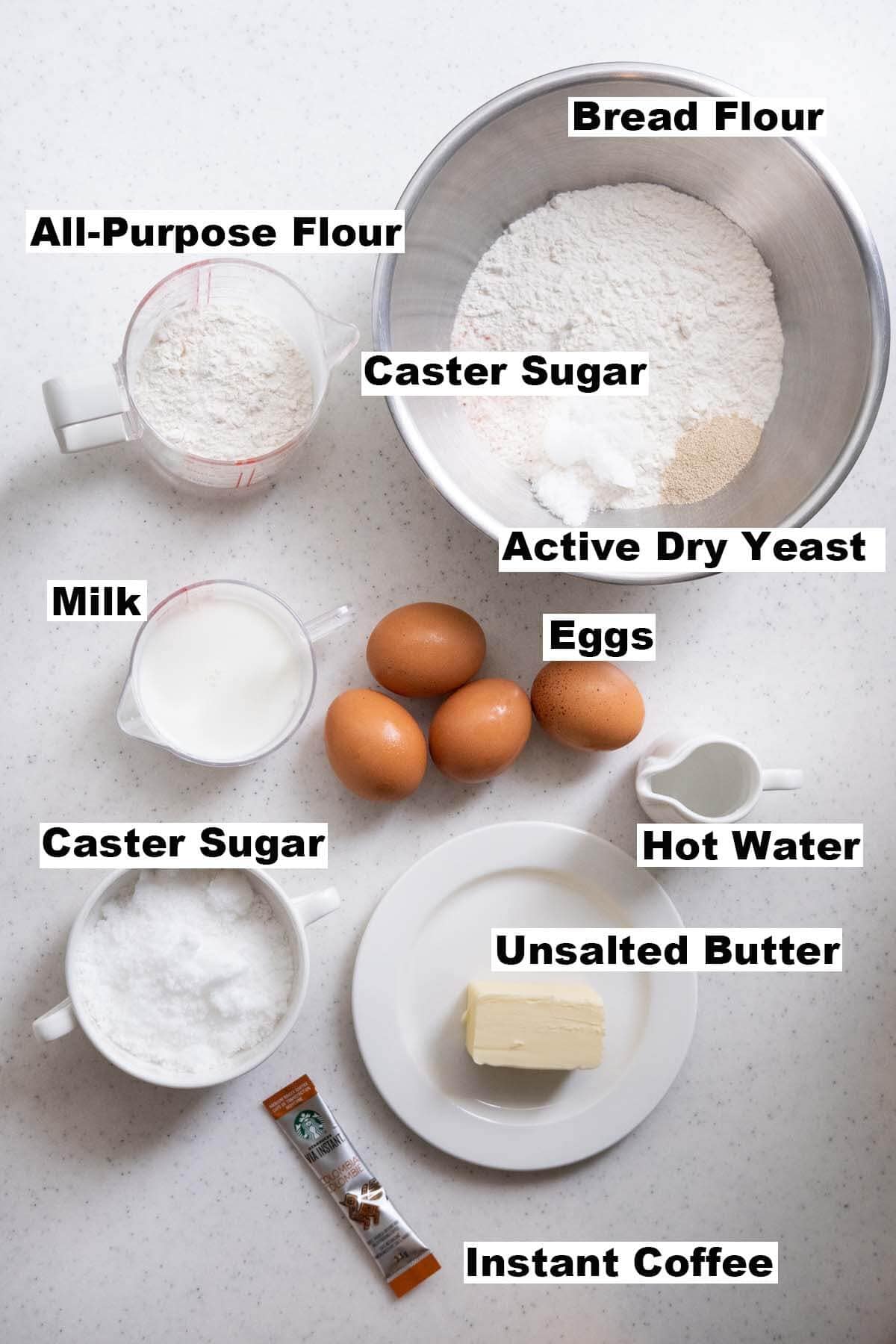 Ingredients for coffee bread cake recipe. 