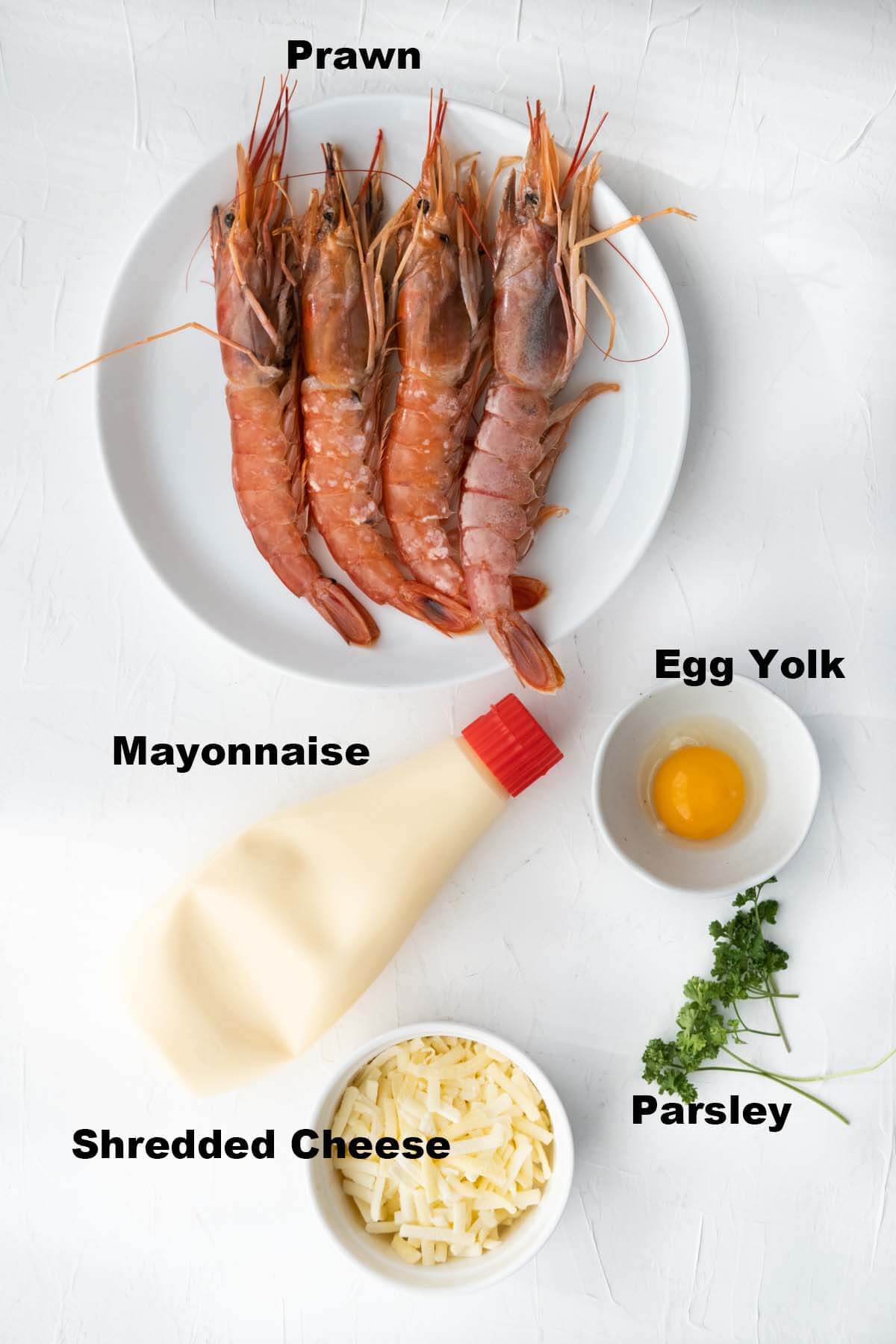 Ingredients for grilled cheese prawn recipe. 