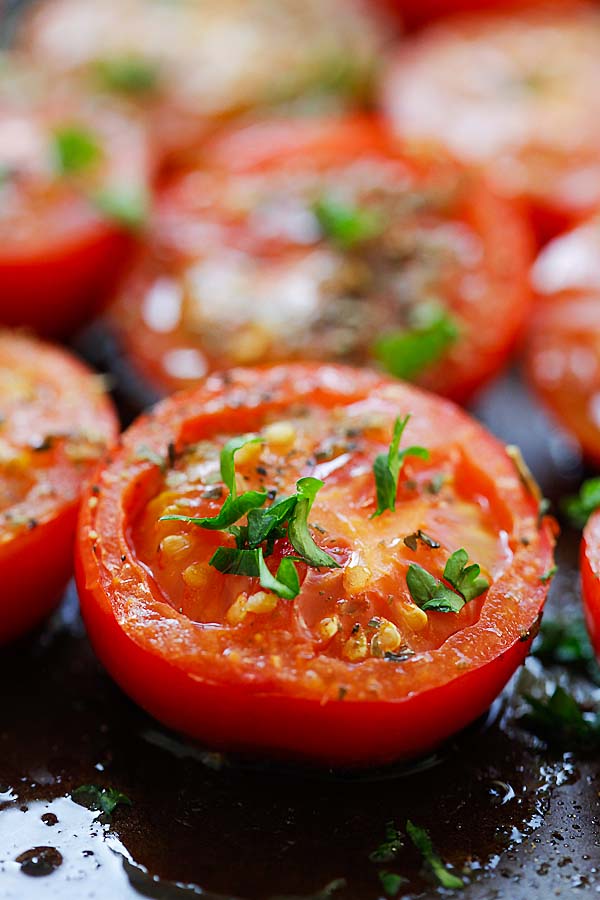 Homemade Italian roasted tomatoes with herbs.