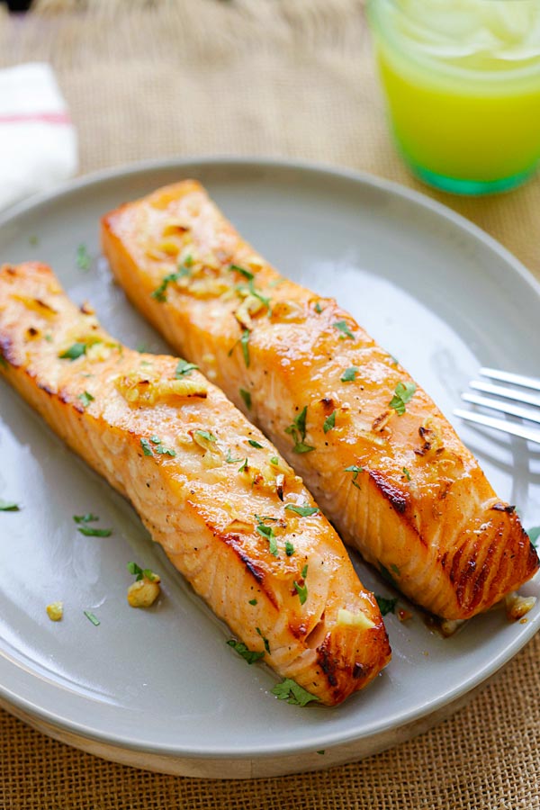 Baked salmon on a plate, ready to serve.