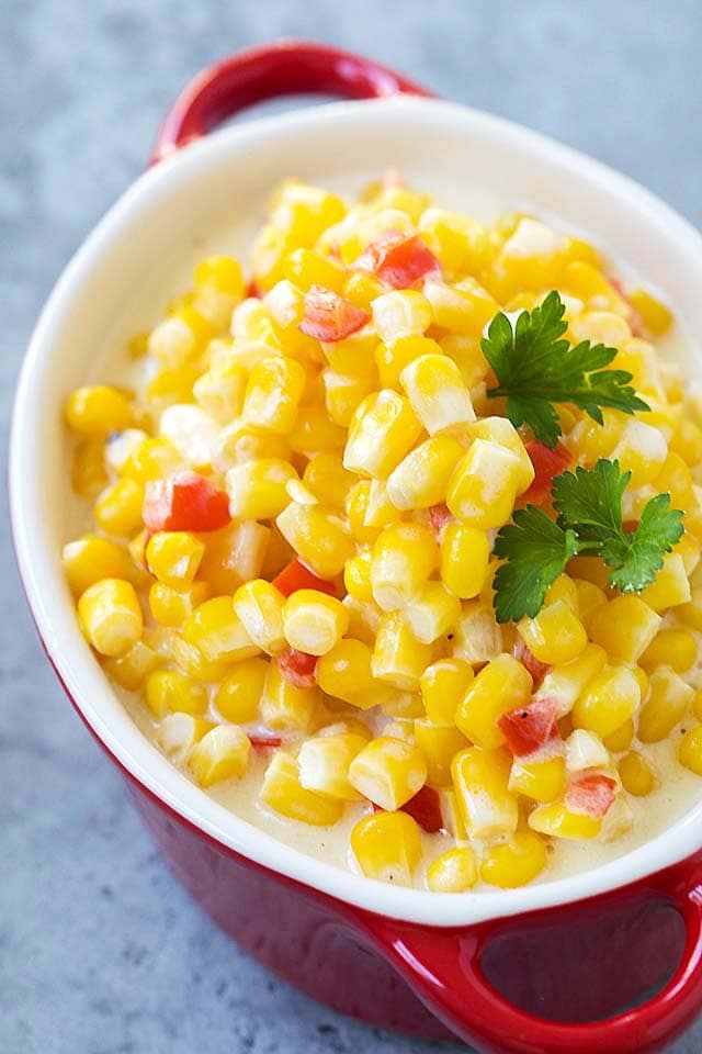 Healthy homemade creamed Corn in a serving ware, ready to be served.