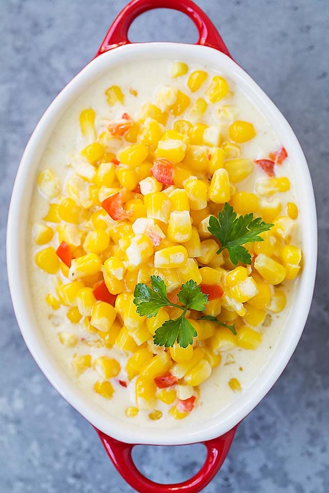 Cream Corn recipe made with frozen corn kernels, heavy cream and Parmesan cheese.