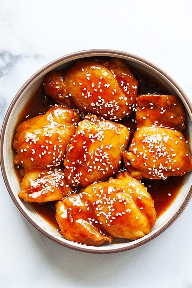 Instant pot chicken thighs with boneless chicken thighs and teriyaki sauce.