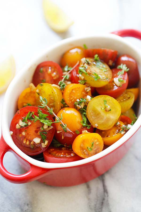 Marinated baby tomatoes dish ready to serve.