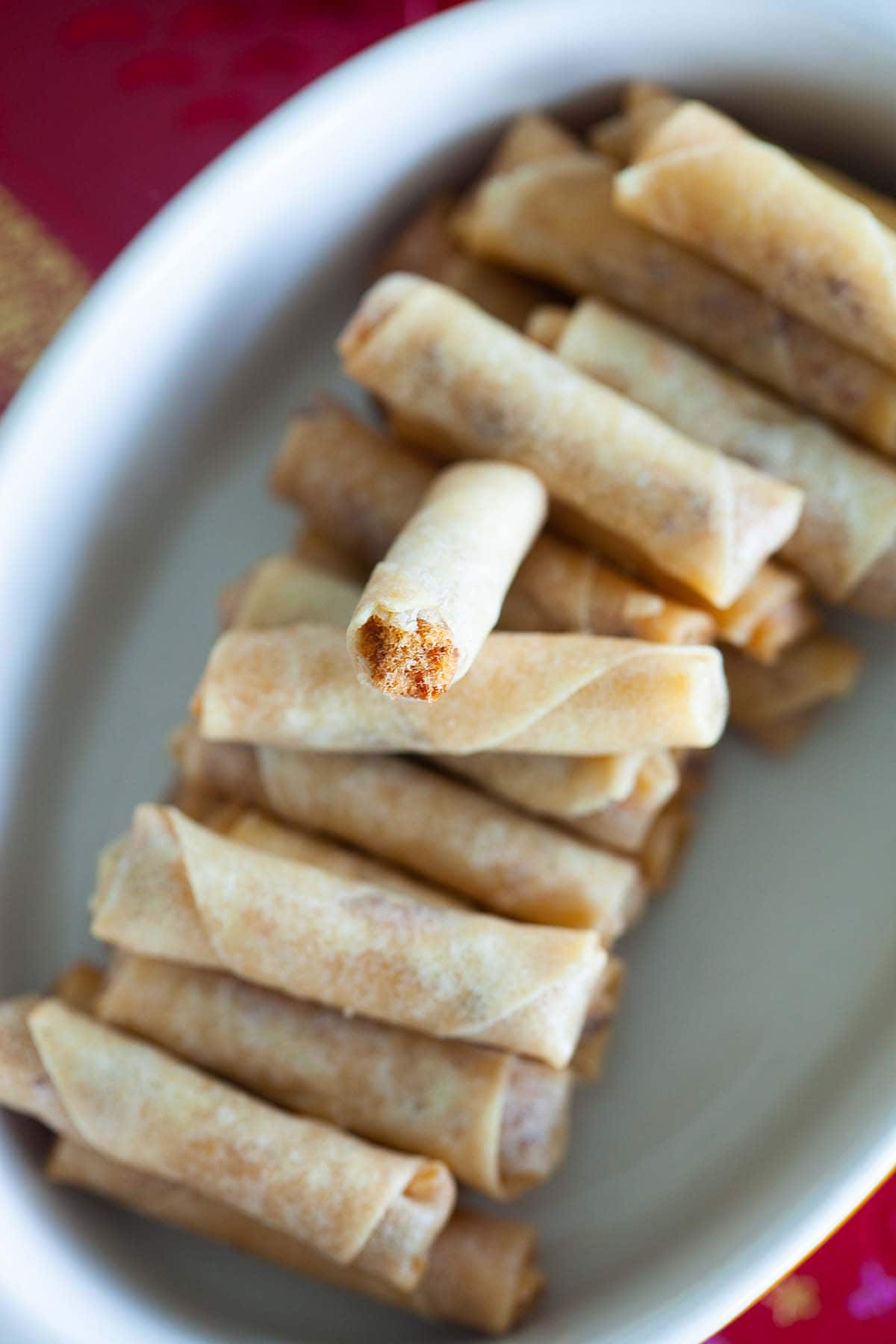 Easy Chinese mini deep fried spring rolls filled with chicken floss.
