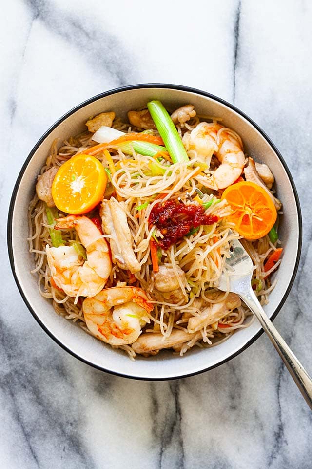 Pancit in a bowl, ready to serve.