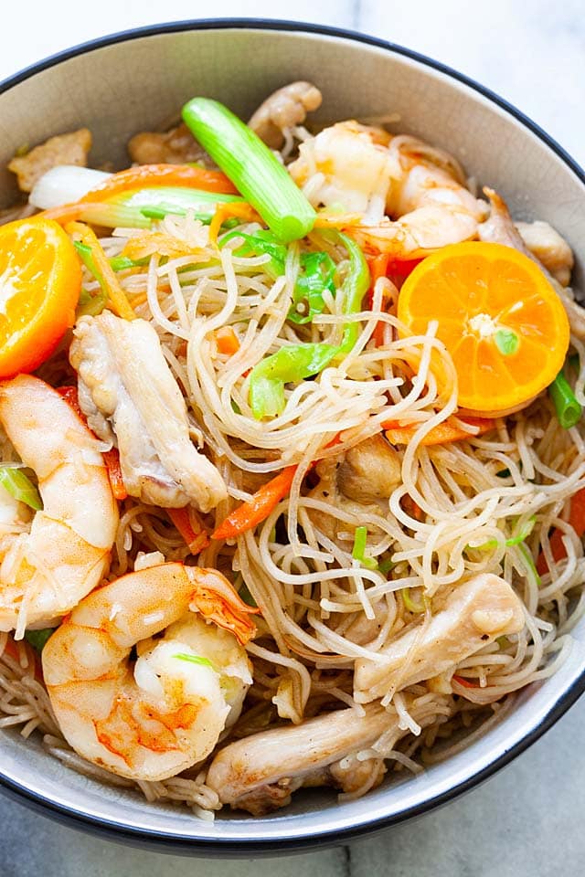Close up shot of pancit bihon recipe with shrimp.