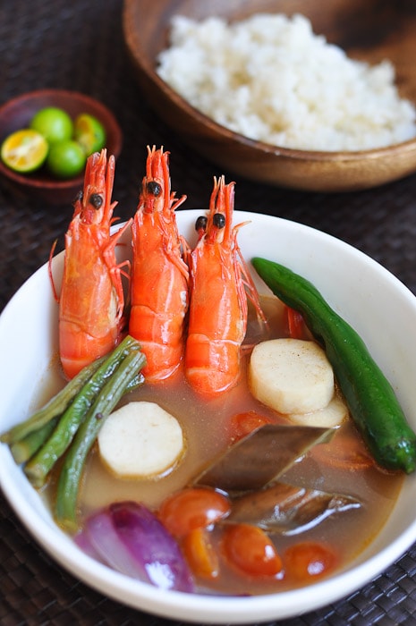 Close up of sinigang recipe made with shrimp in this yummy and easy Filipino stew.