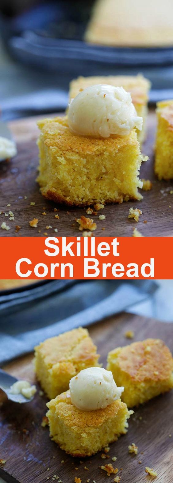 Skillet Corn Bread – the easiest and most delicious corn bread recipe ever. Made in a skillet and bake in oven and served with whipped honey butter | rasamalaysia.com