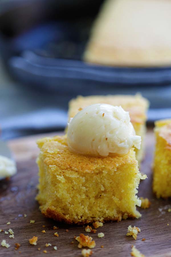Closed up easy and delicious golden corn bread, ready to serve.